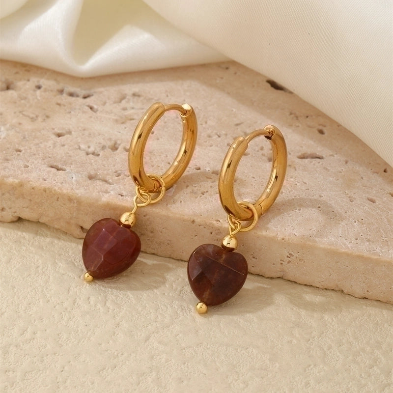 1 Pair Vintage Style Minimalist Heart Shape Plating 304 Stainless Steel Natural Stone Drop Earrings