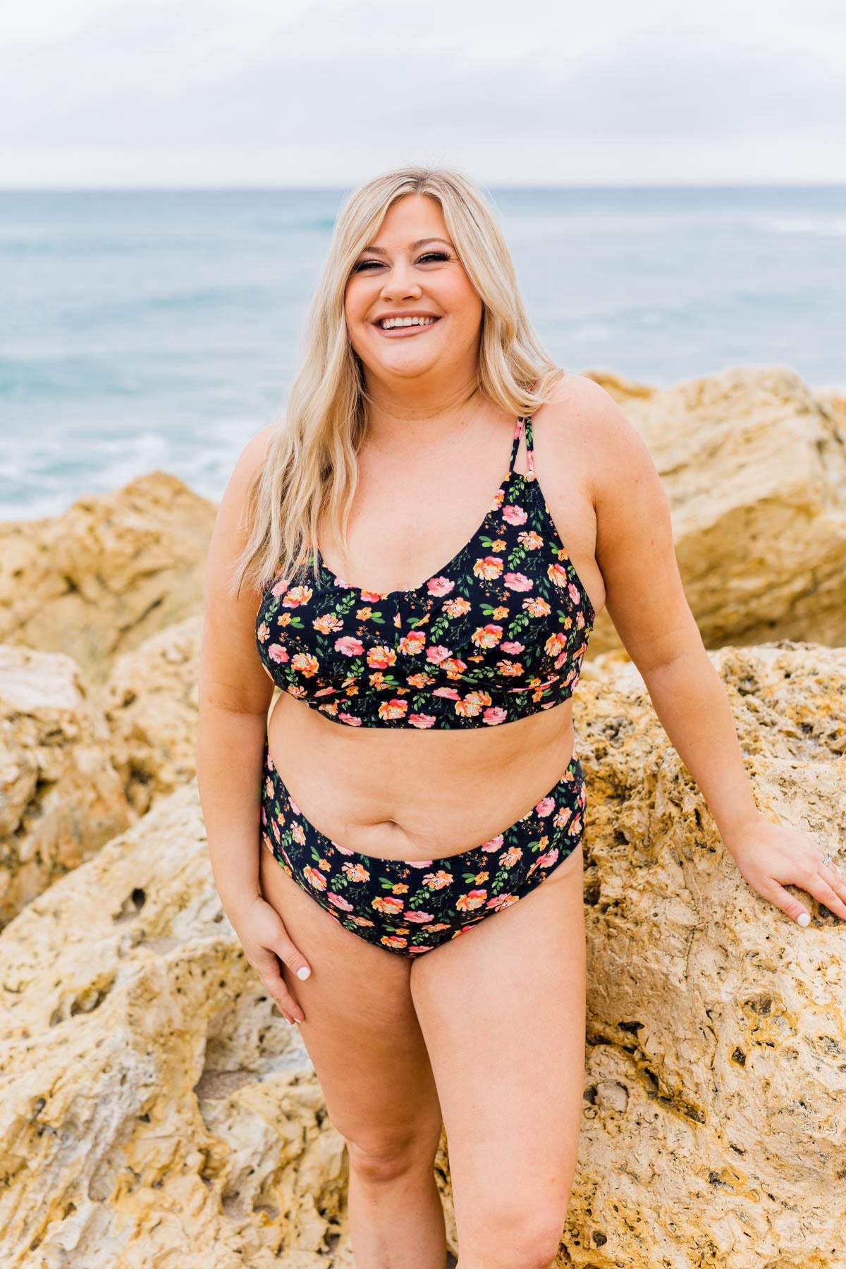 Bask In The Sun Mid-Rise Swim Bottoms- Black & Orange Floral