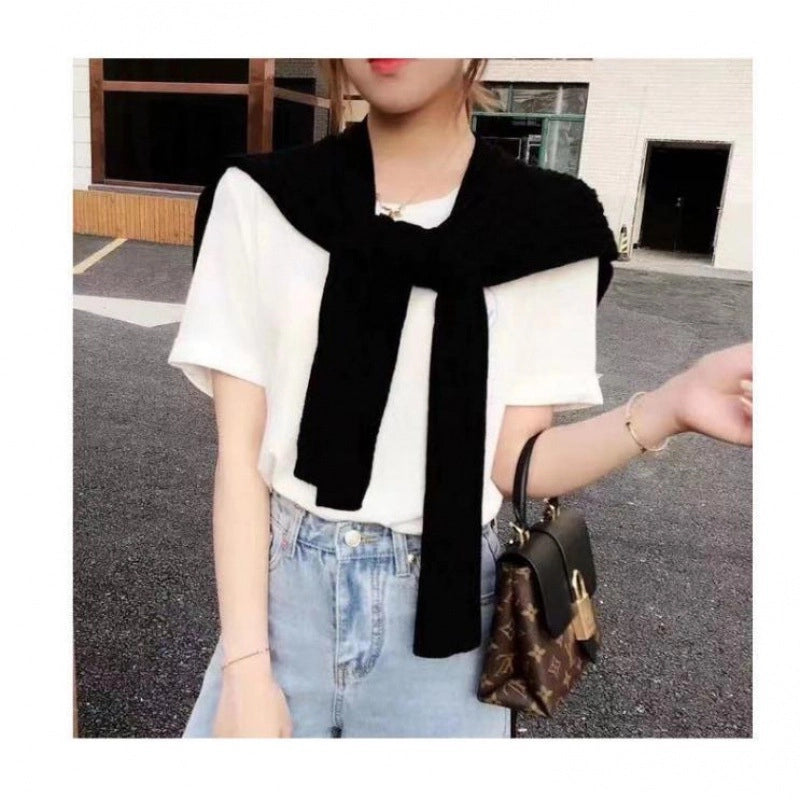 Cored Yarn Knitted Shawl Women's Spring And Autumn Outer Waistcoat Color Shoulder Thin Cardigan Summer Knotted Fake Collar Scarf