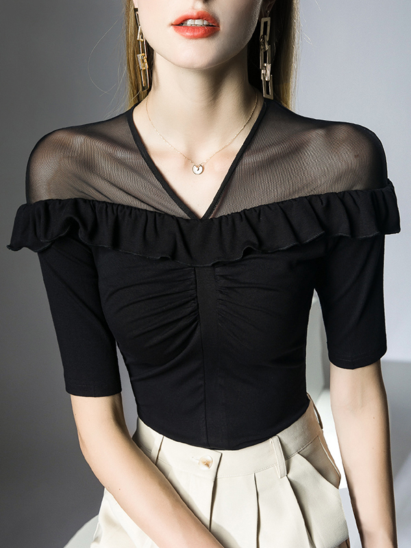 Half Sleeves Skinny Pleated Ruffle Trim Solid Color Split-Joint V-Neck T-Shirts Tops
