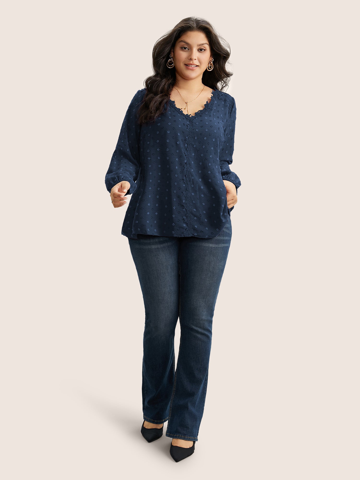 Plisse Eyelet Lace Elastic Cuffs Blouse