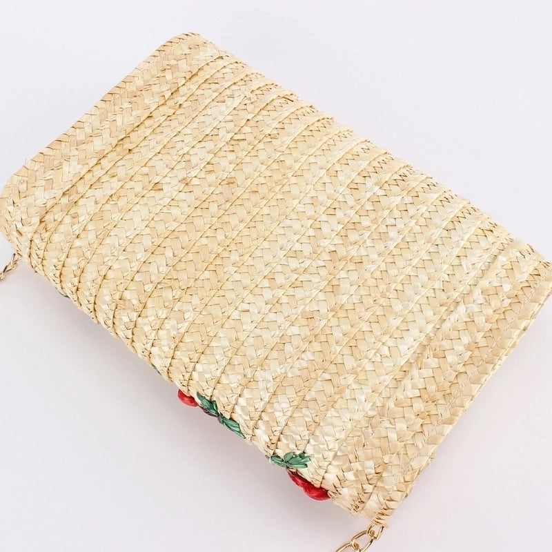 Women's Cherry Straw Weave Lock Clasp Wallets