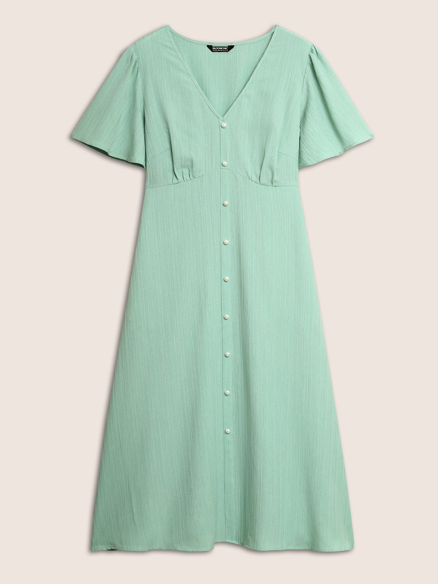 V Neck Button Detail Flutter Sleeve Dress