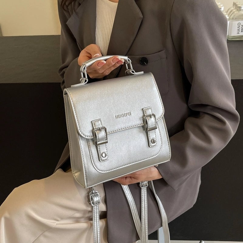 Women's Medium Pu Leather Solid Color Preppy Style Classic Style Sewing Thread Flip Cover Fashion Backpack