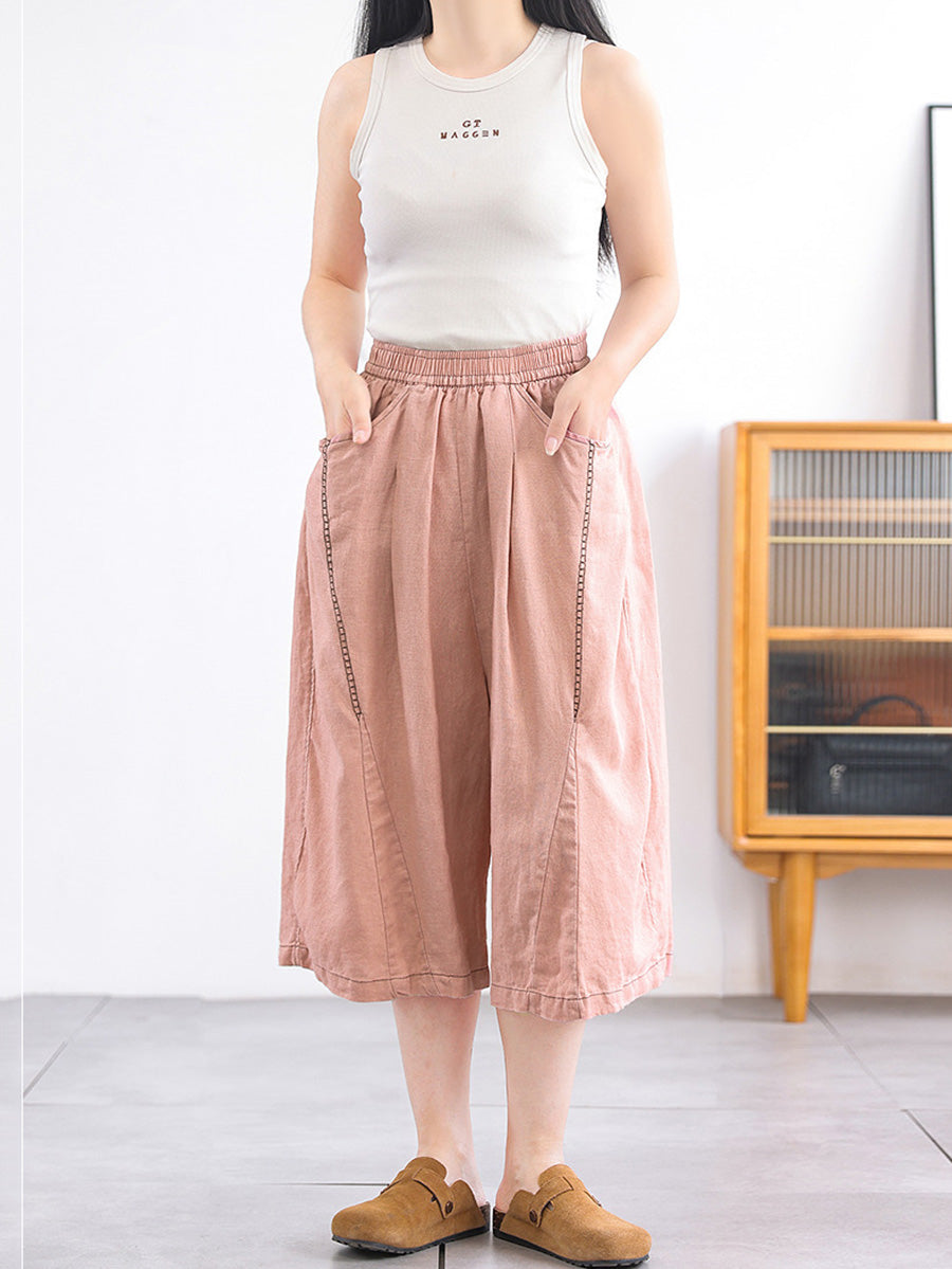 Women Casual Pure Color 100%Linen Wide-leg Cropped Pants