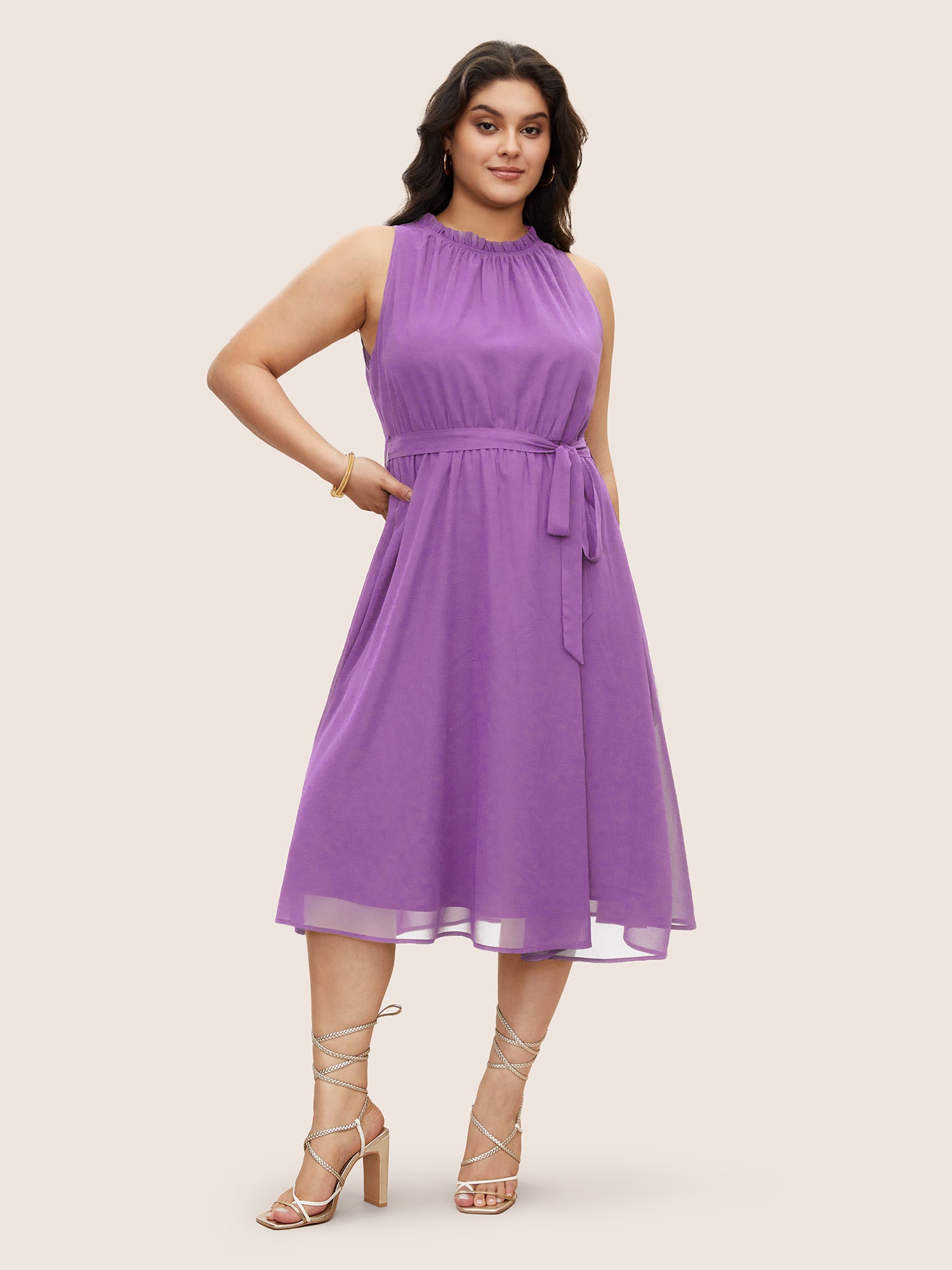 Plain Sleeveless Frill Trim Pocket Belted Mock Neck Dress