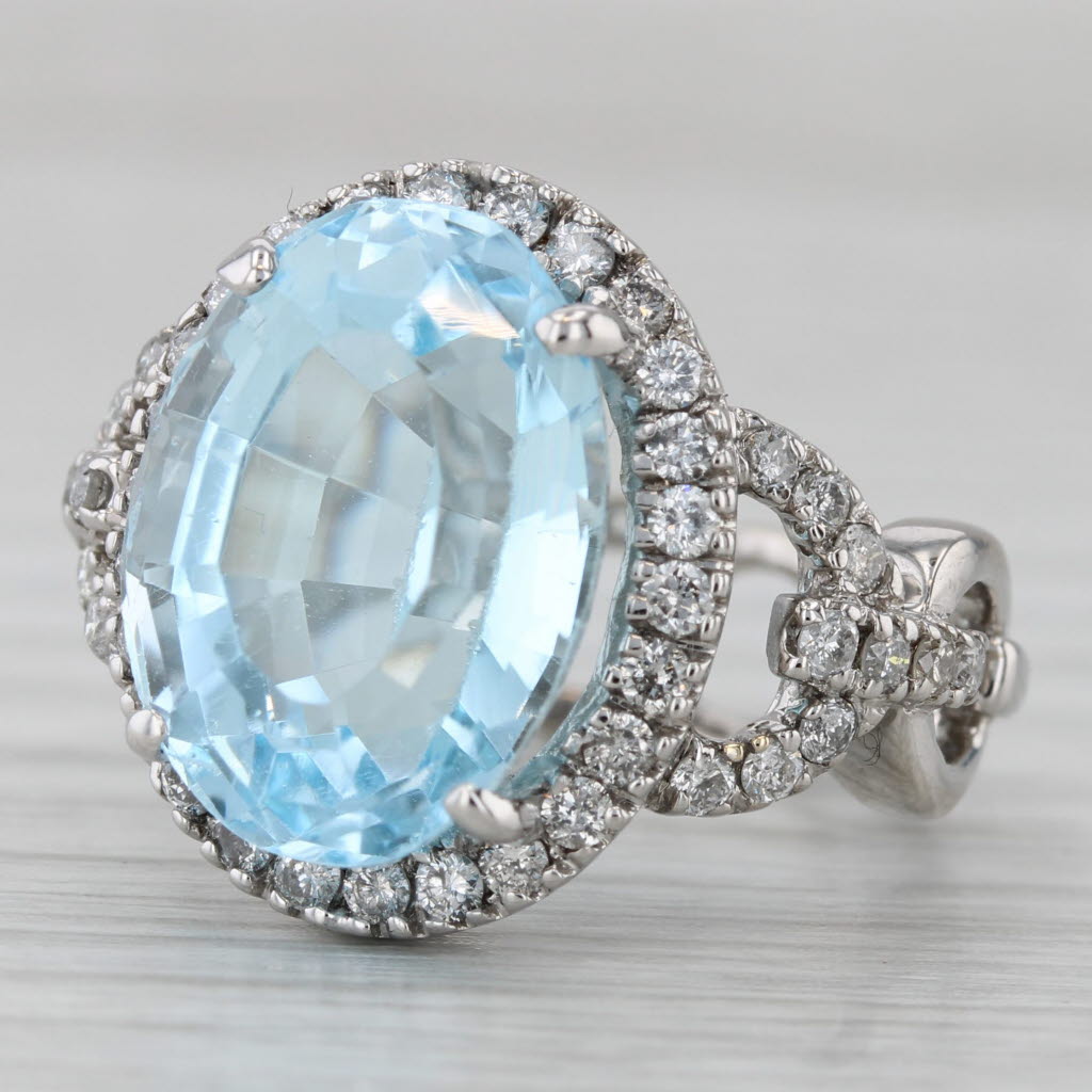 12.61ctw Blue Topaz Diamond Halo Ring 14k White Gold Size 6.75
