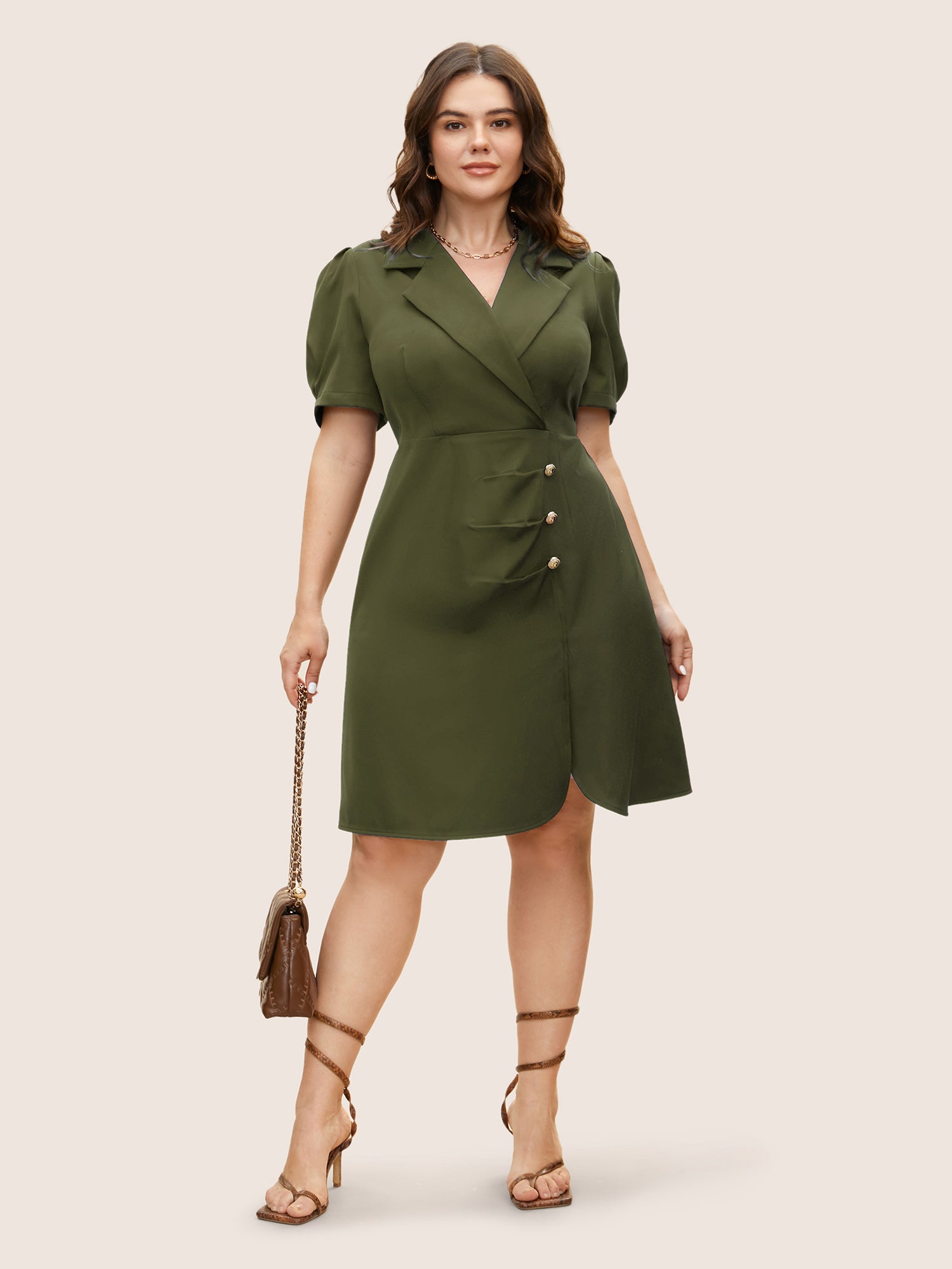 Suit Collar Metal Detail Lantern Sleeve Dress