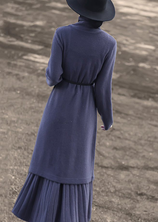 New Blue Turtleneck Tops And Skirts Wool Knit Two-Piece Set Spring