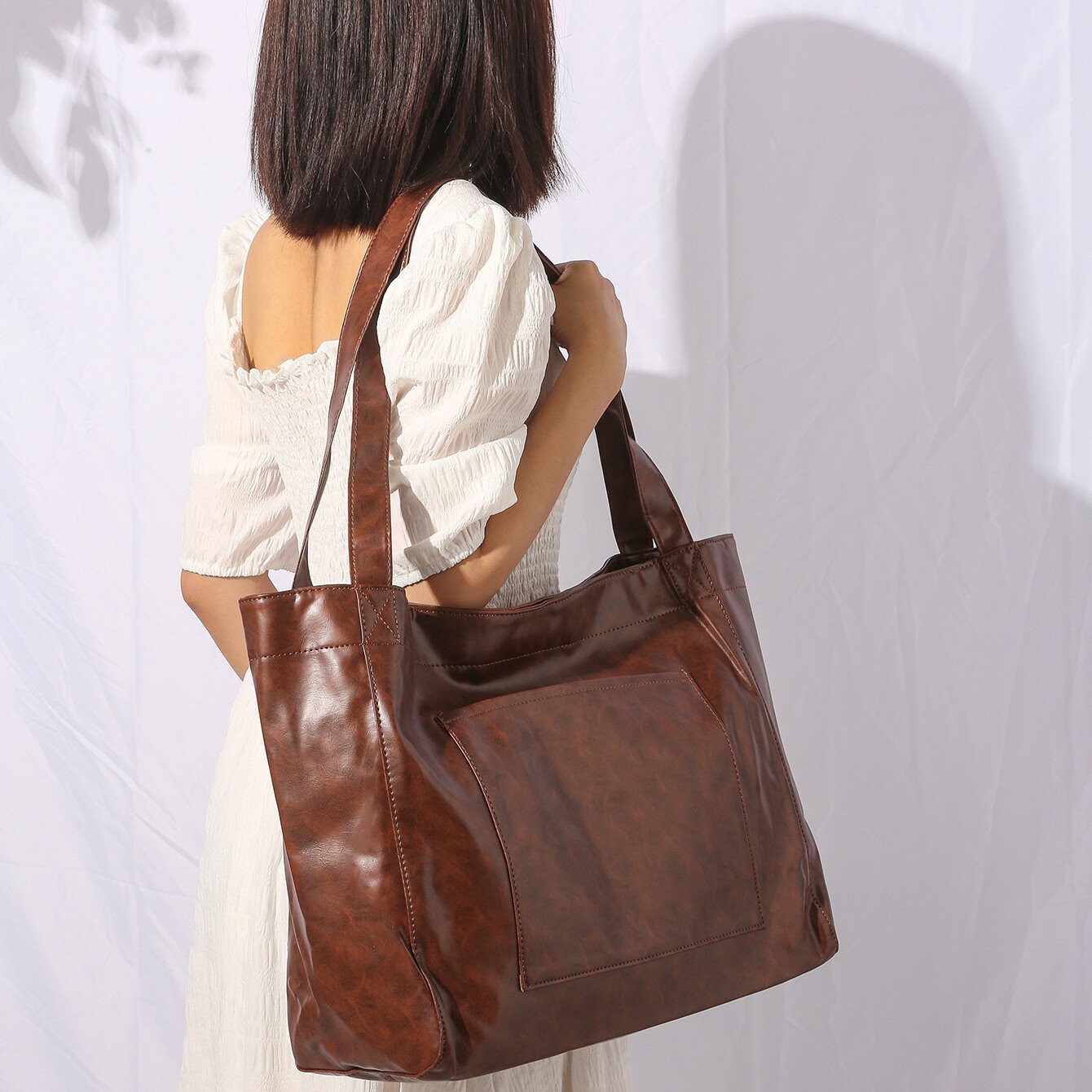 Women's Large Soft Leather Tote Bag With Pocket