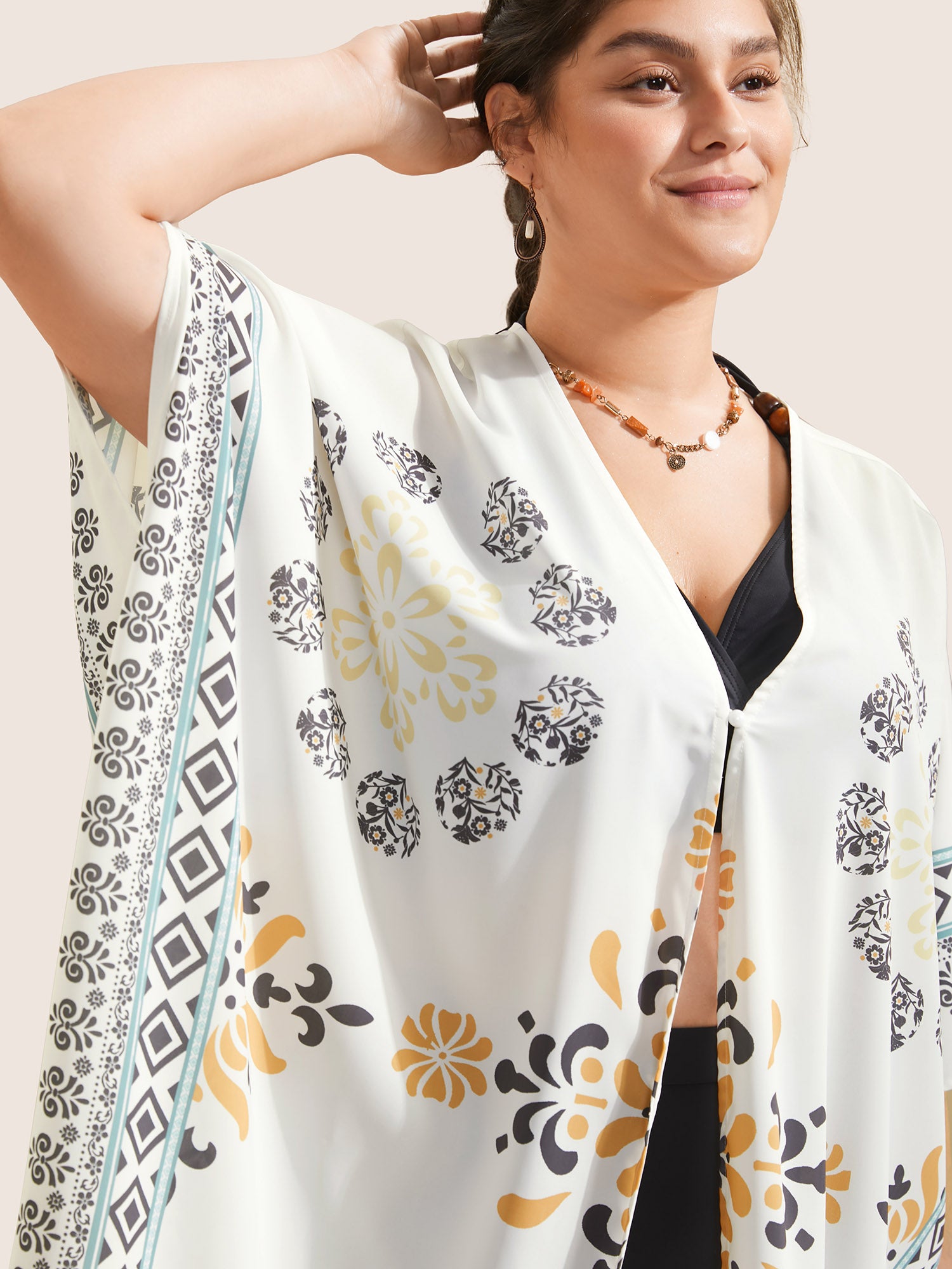 Boho Print Lace Panel Raglan Sleeve Fringe Hem Kimono