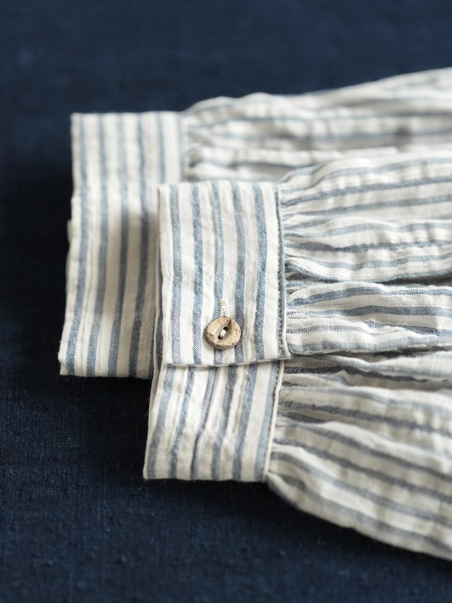Women Summer Retro Stripe Turn-down Collar Cotton Shirt