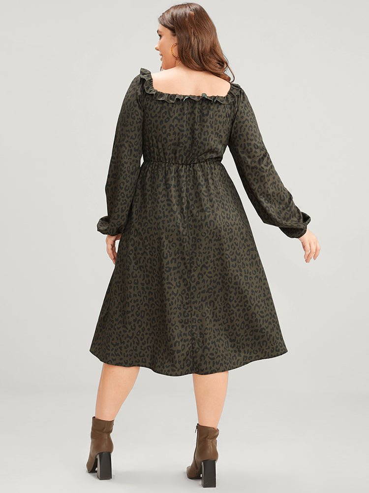 Leopard Print Square Neck Pocket Puff Sleeve Midi Dress