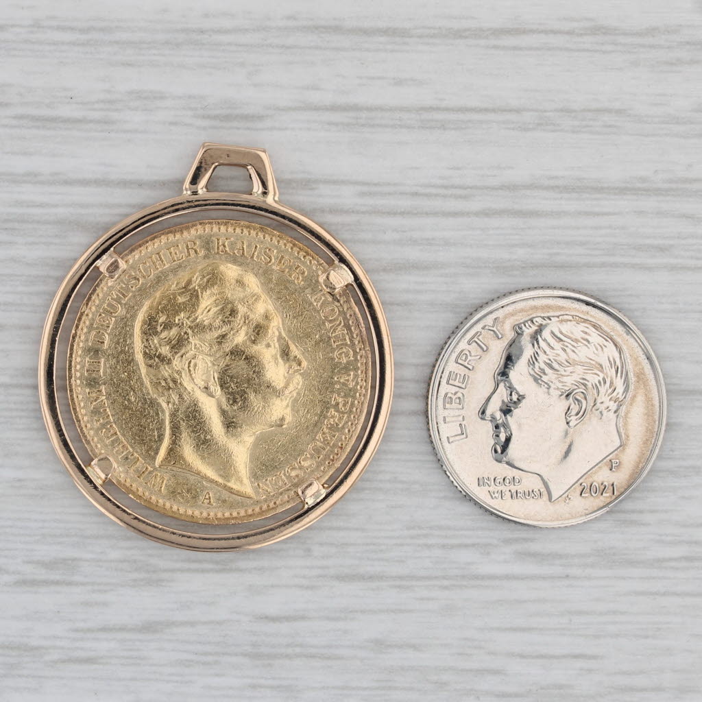 German Empire 1890 20 Mark Prussia Gold Coin Pendant 18k bezel 900 Coin