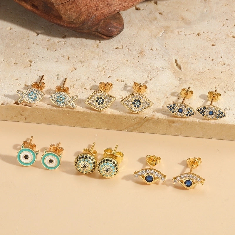 1 Pair Elegant Minimalist Commute Devil's Eye Enamel Inlay Copper Zircon 14K Gold Plated Ear Studs