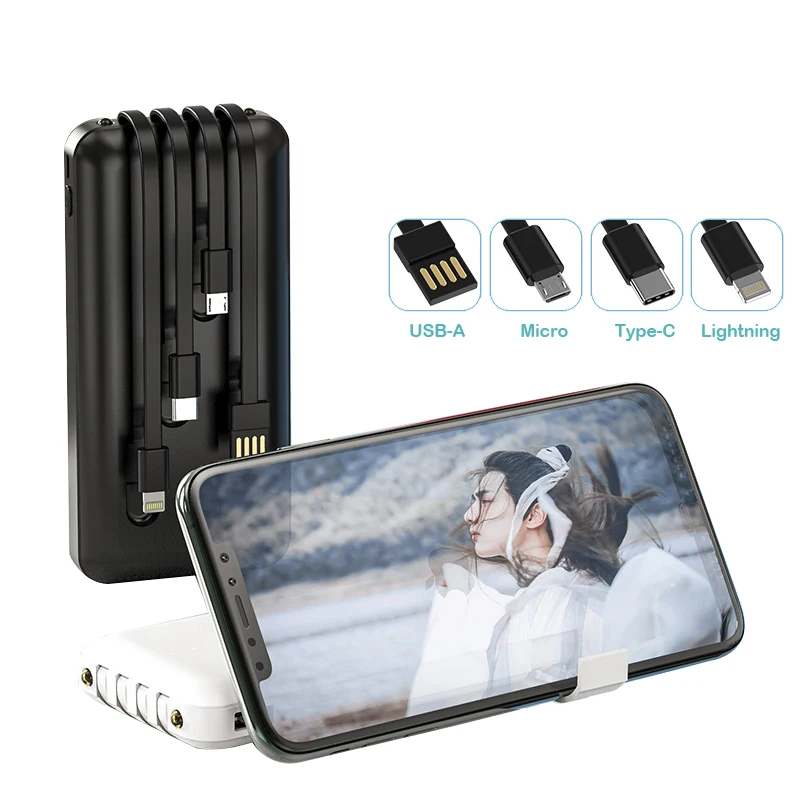 PSE  kc cetificater New Arrival 10000Mah Portable Powerbank Built In Cable Power Bank With Phone Holder 2Pcs Led Torches