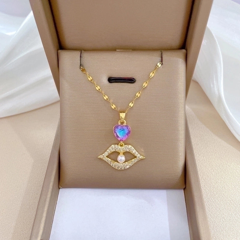 2 Pieces Minimalist Classic Style Geometric Heart Shape Titanium Steel Copper Zircon Pendant Necklace In Bulk