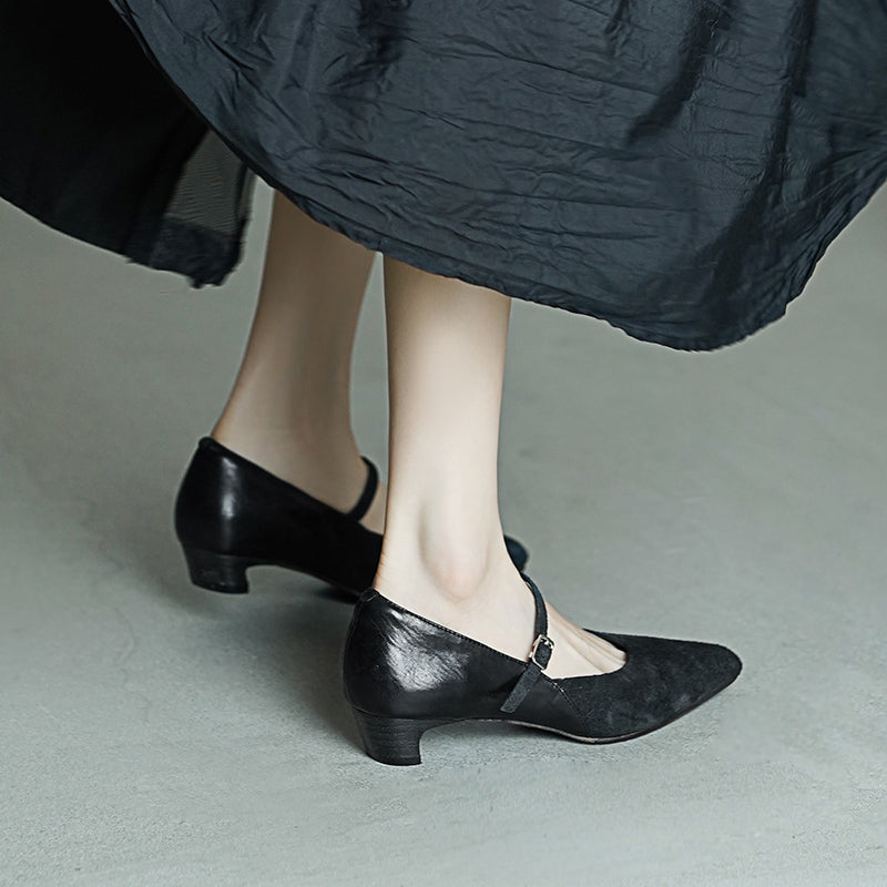 Elegant Washed Horsehide Nubuck Mary Jane Shoes Buckle Strap Causal Pumps in Red/Black/Caramel