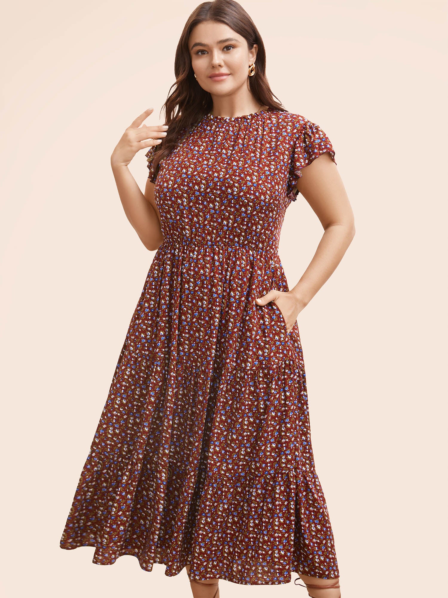 Ditsy Floral Ruffle Cap Sleeve Dress