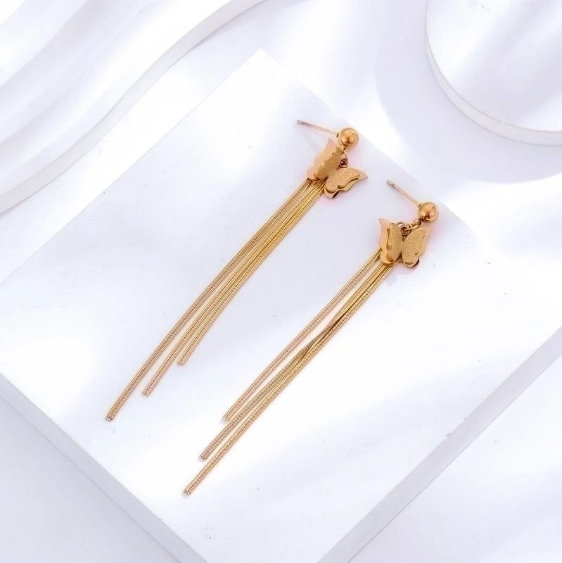 5 Pieces Elegant Sweet Heart Shape Butterfly Titanium Steel Inlay Zircon 24k Gold Plated Drop Earrings