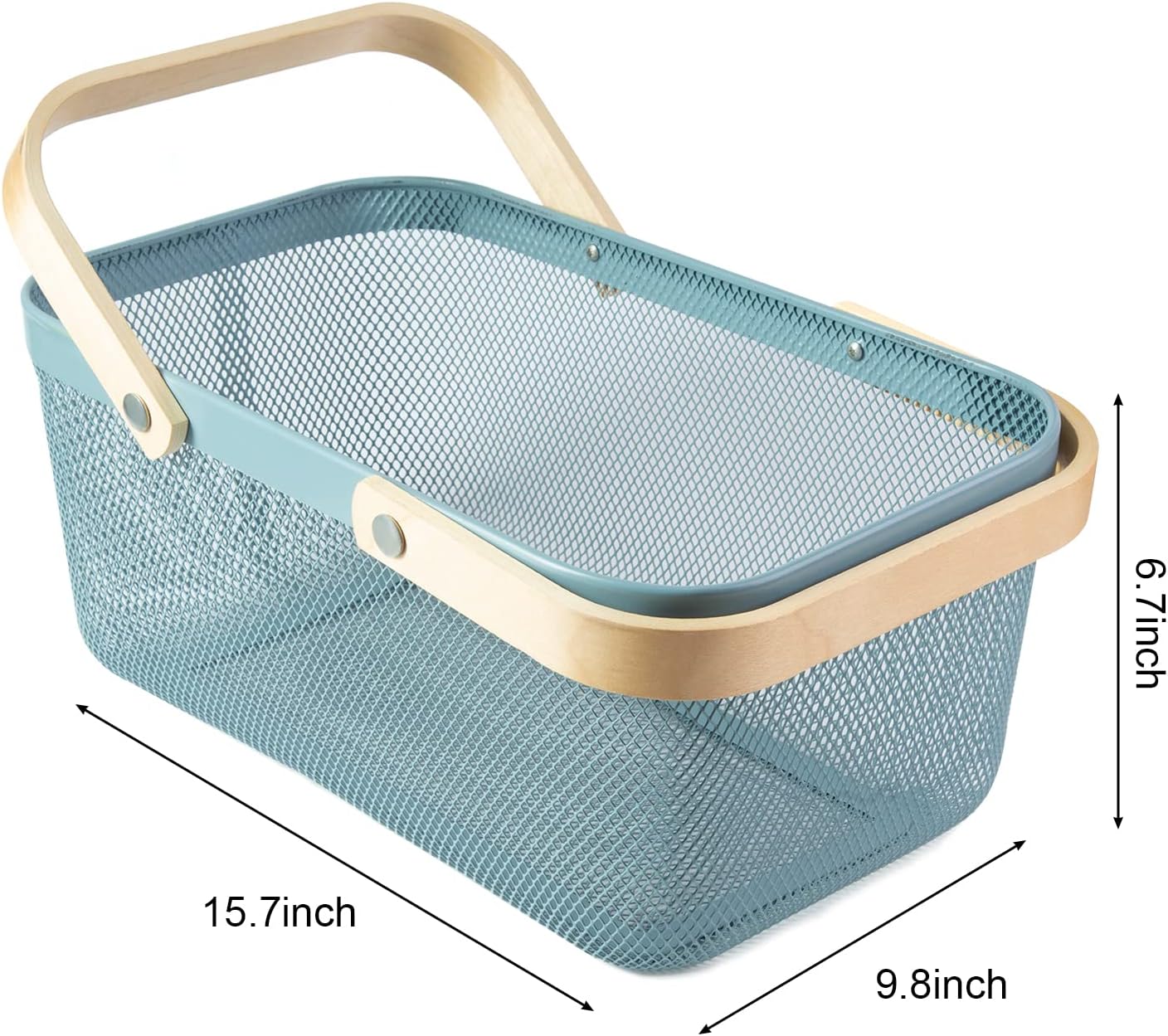 Rectangular Mesh Basket With Double Wooden Handle- Blue