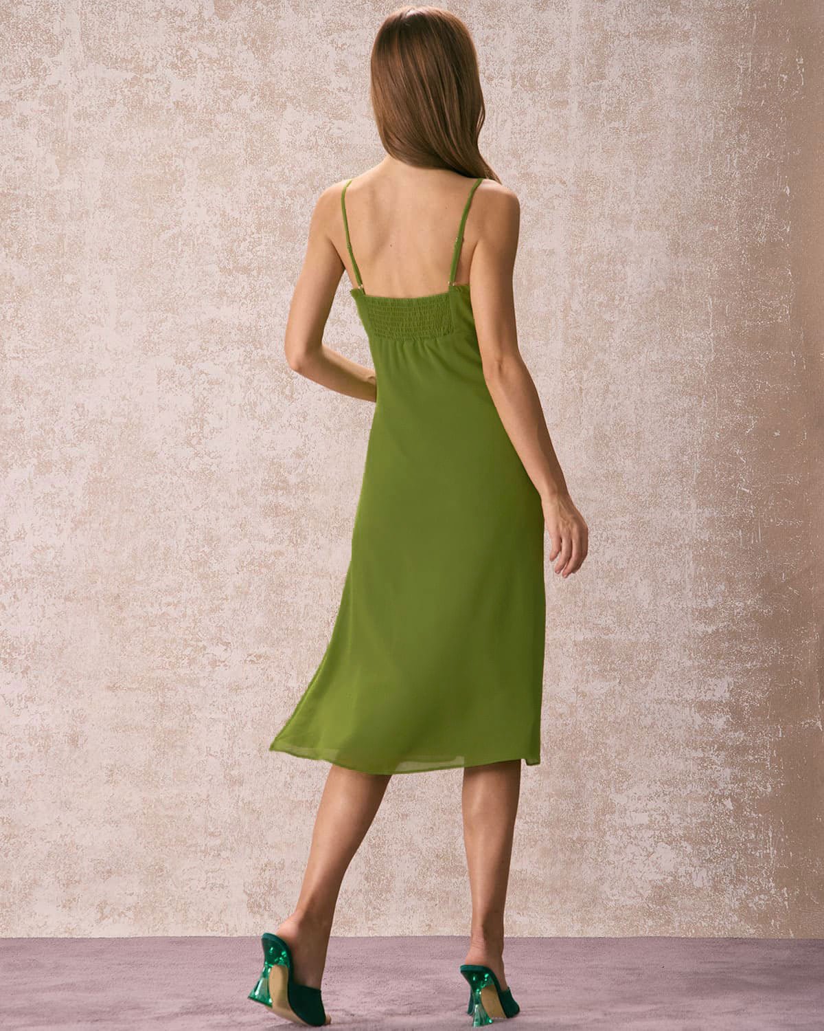 The Green Frill Trim Side Split Midi Dress