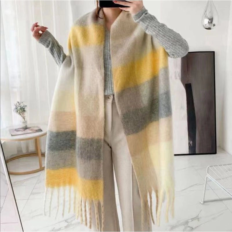 Rainbow Plaid Scarf Women's Autumn And Winter Thickened Mohair Student Couple Contrast Color Matching Thickened