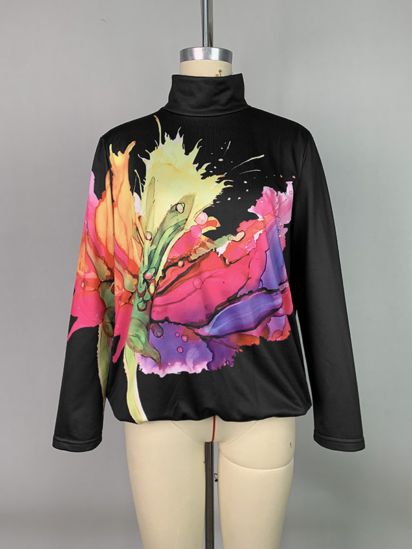Long Sleeves Loose Flower Print Split-Joint High Neck Sweatshirt Tops