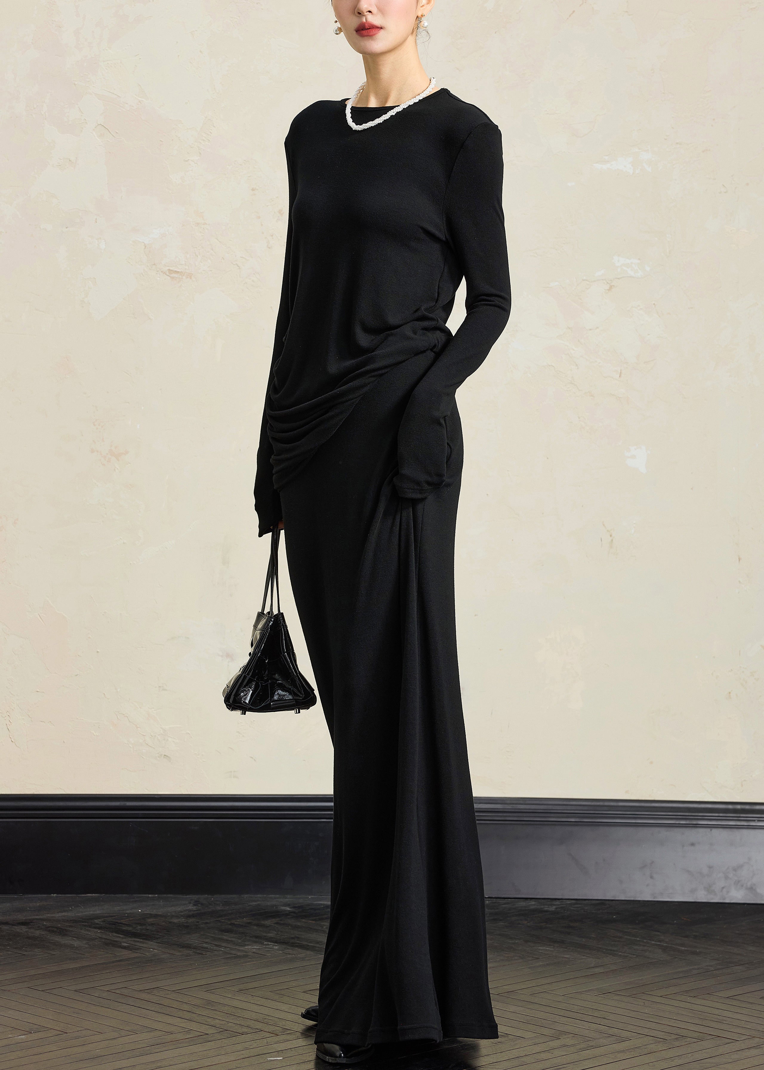 Simple Black O Neck Tops And Skirts Solid Cotton Two Pieces Set Fall