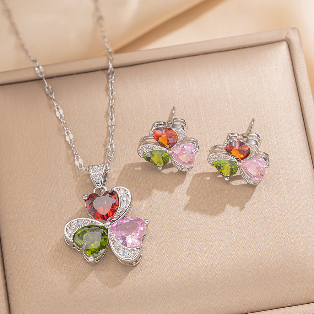 Fashionable Full Zirconium Exquisite Element Style Copper Micro-Inlaid Earrings And Necklace Set Combination