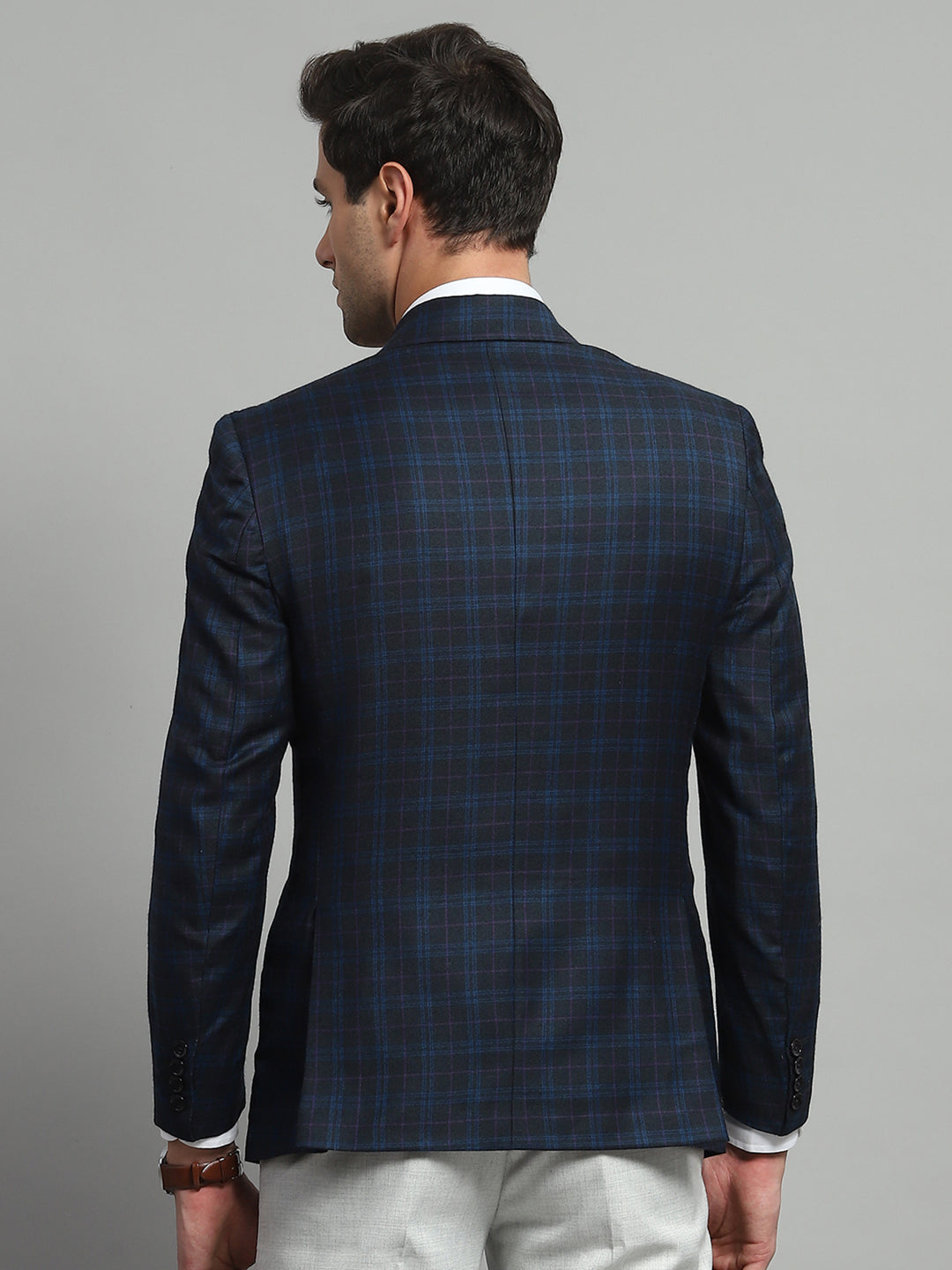 Men Blue Solid Notch Lapel Collar Full Sleeve Coat