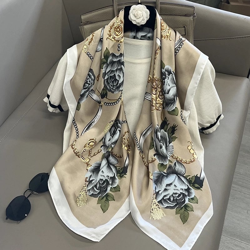 Women's Elegant Vacation Stripe Flower Polyester Silk Scarf