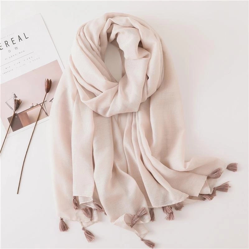 Solid Color Nude Powder Shiny Tassel Cotton Linen Scarf Shawl Long Scarf Silk Sunscreen Shawl