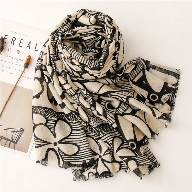 Flower Printed Cotton Linen Gauze Silk Scarf