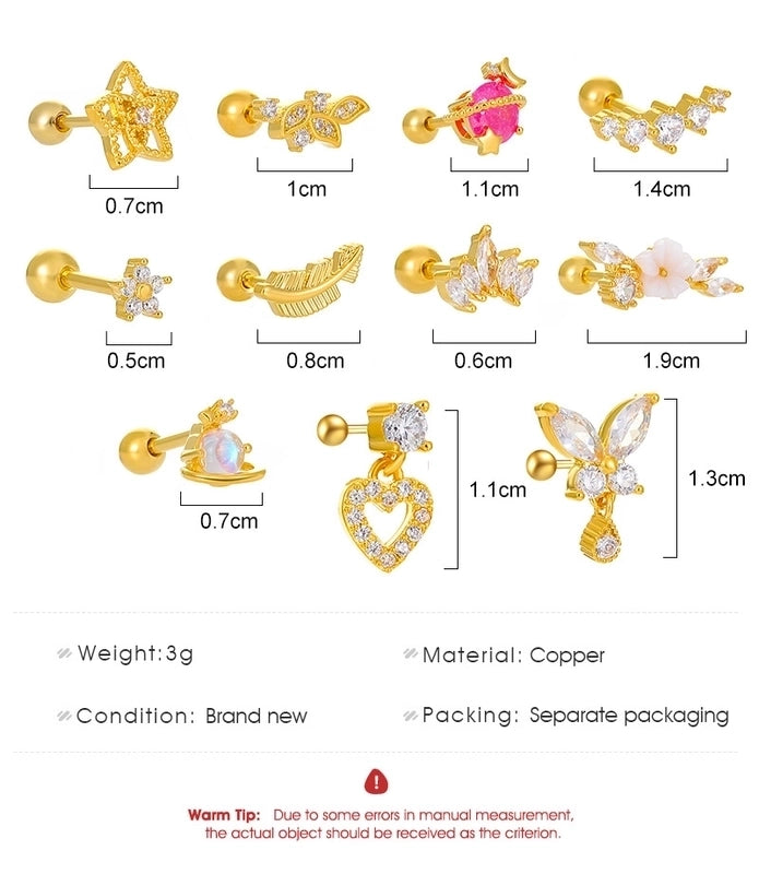 Vintage Micro-set Zircon Butterfly Flower Feather Heart Copper Screw Earrings