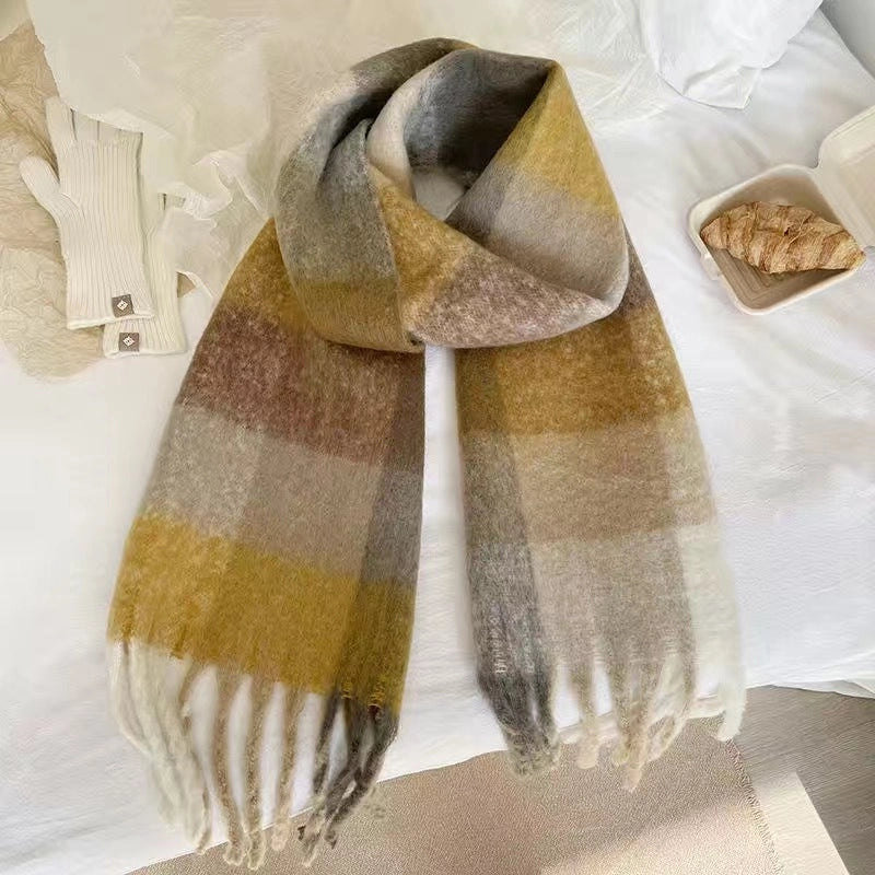 Mohair Plaid Scarf Women's Winter  Versatile Tassel Student Long Thickened Warm Scarf Large Shawl Fashion
