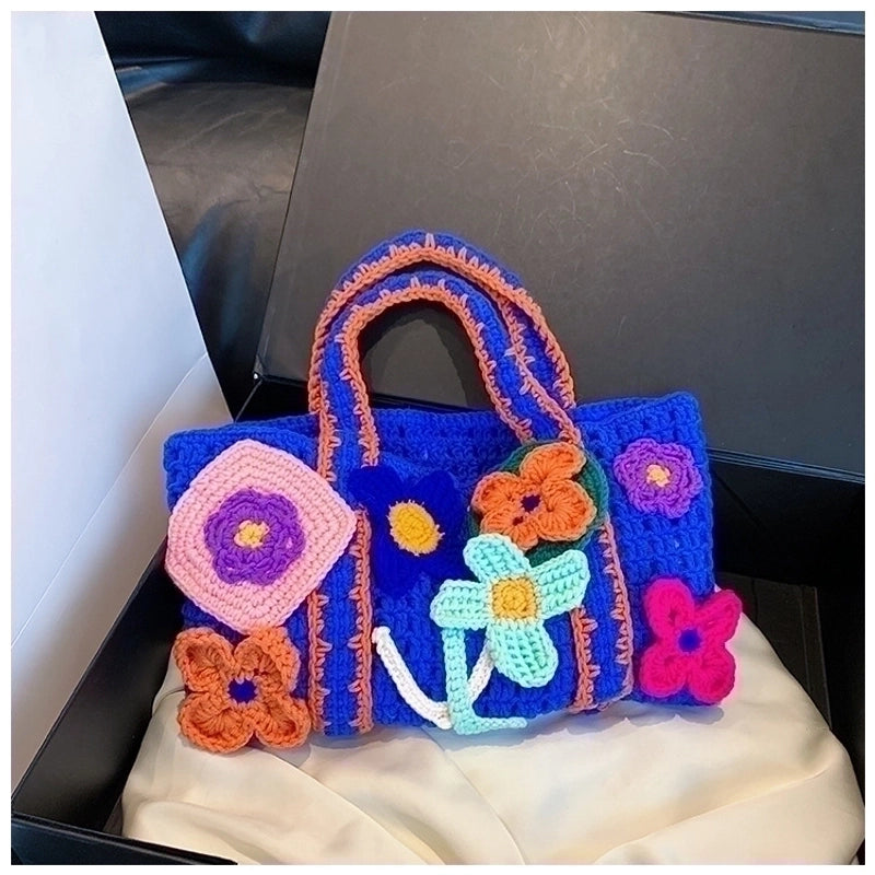 Women's Medium Knit Flower Streetwear Square Open Straw Bag