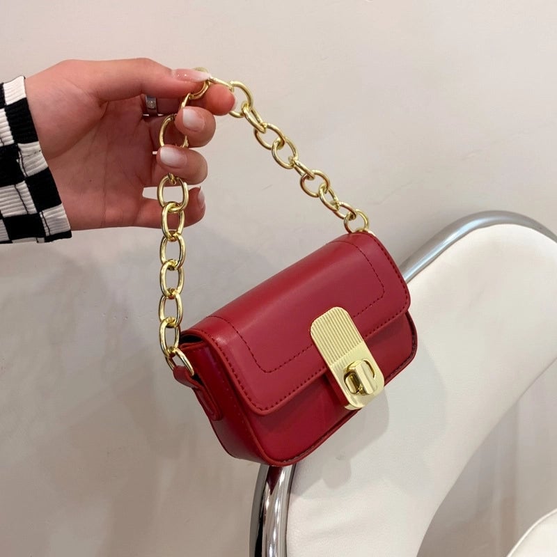 Women's Small Pu Leather Solid Color Basic Chain Square Lock Clasp Crossbody Bag