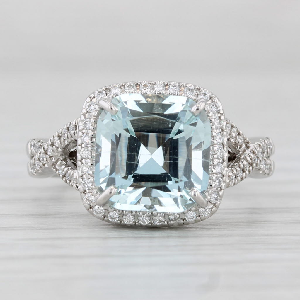 3.55ctw Aquamarine Diamond Halo Ring 14k White Gold Floral Bridge Size 6.25