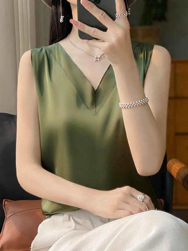 Loose Sleeveless Solid Color V-Neck Vest Top