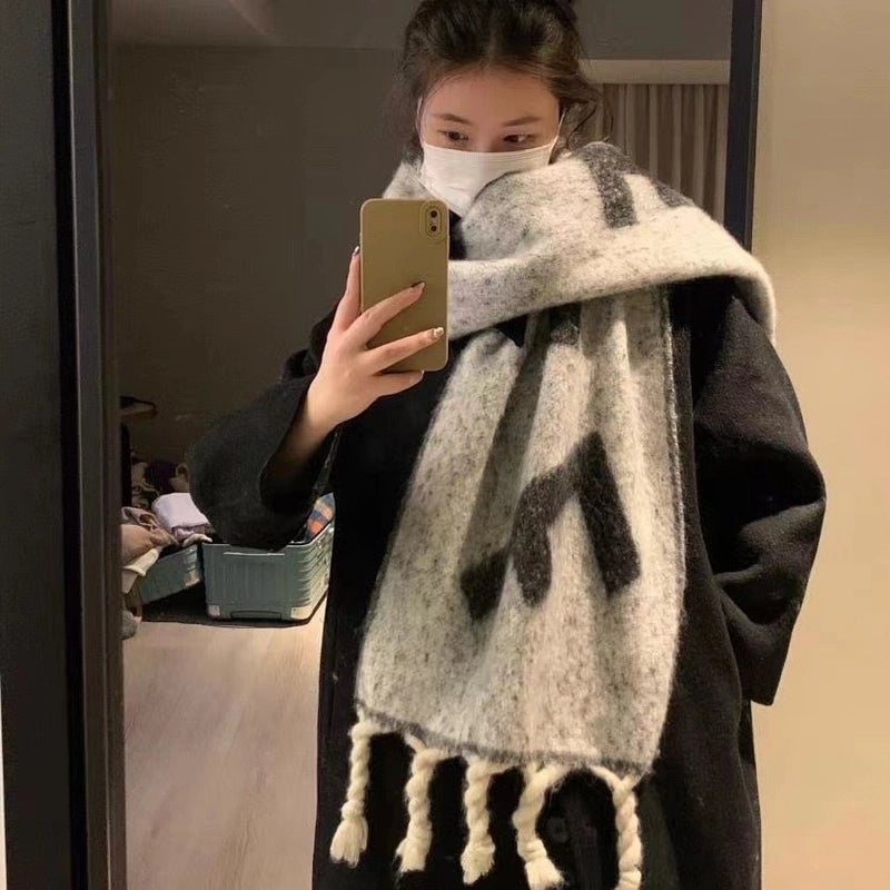 Plaid Scarf Women's Winter High-grade Gradient Mohair Thickened Warm Scarf New Cashmere-like Shawl
