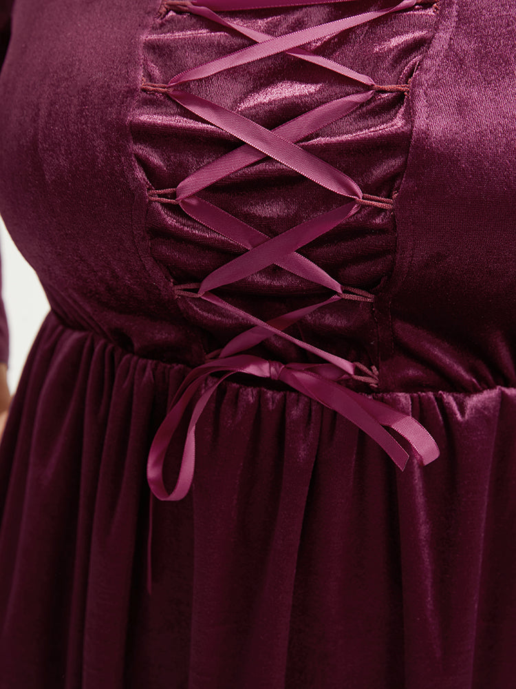 Halloween Solid Velvet Bell Sleeve Pocket Contrast Lace Ties Midi Dress