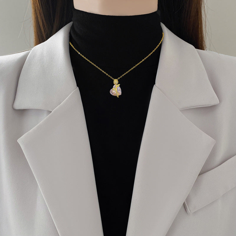Pink Love Rose Fashion Gorgeous Full Diamond Necklace Women'S All-Match Clavicle Chain Titanium Steel