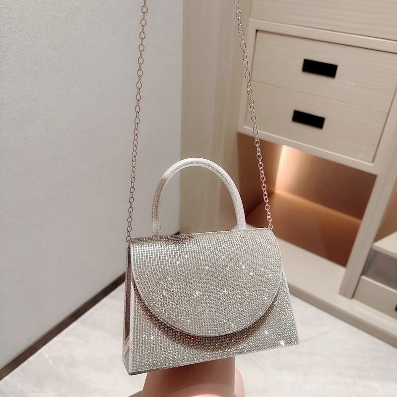 Gold Silver Black Polyester Solid Color Rhinestone Square Evening Bags