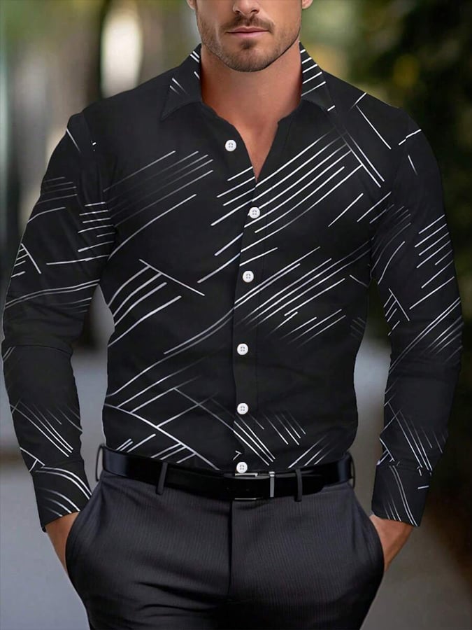 Men'sgeometric Stripe Design Business Casual Shirt