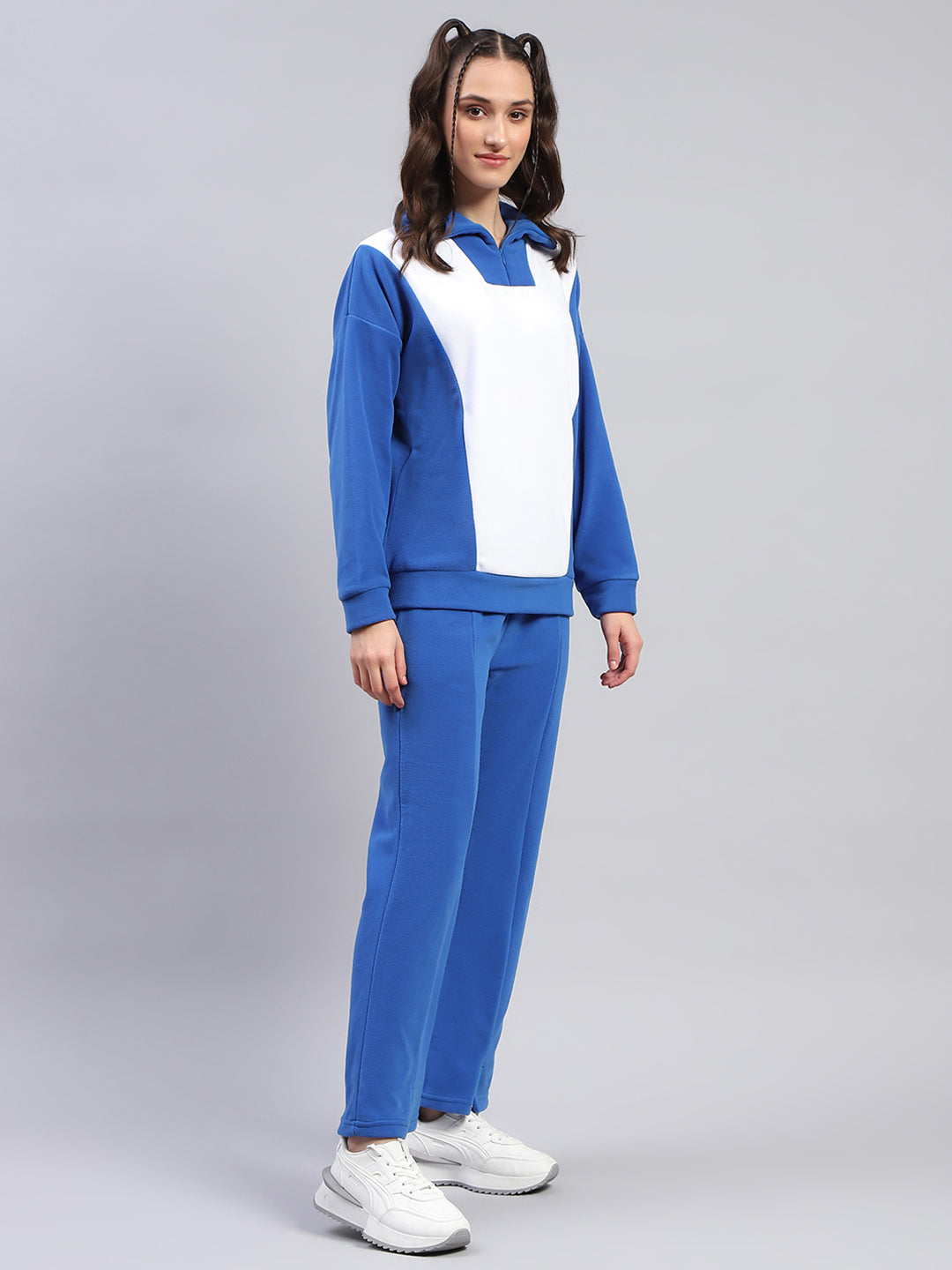 Women Blue Solid Collar Full Sleeve Tracksuit