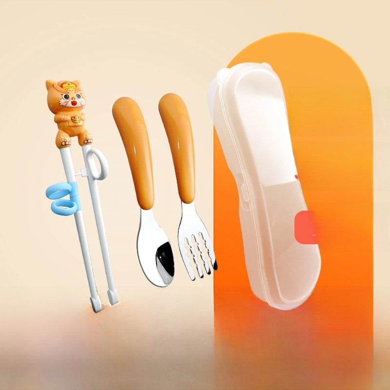 Portable Feeding Children's Tableware Set Cartoon Learning Chopsticks Training Chopsticks 304 Stainless Steel Spoon Fork