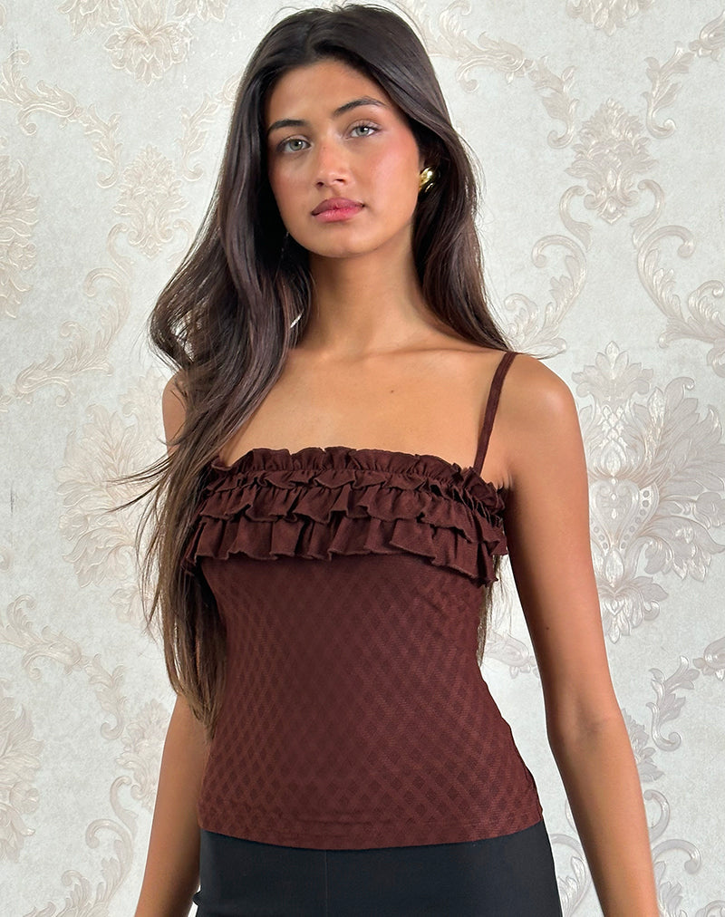 Wendy Ruffle Cami Top in Argyle Mesh Brown