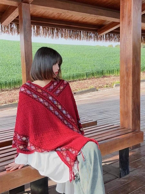 Rainbow Plaid Ethnic Style Cashmere-like Tassel Knitted Shawl For Women New Versatile Travel Warm Pullover Cape Manufacturer