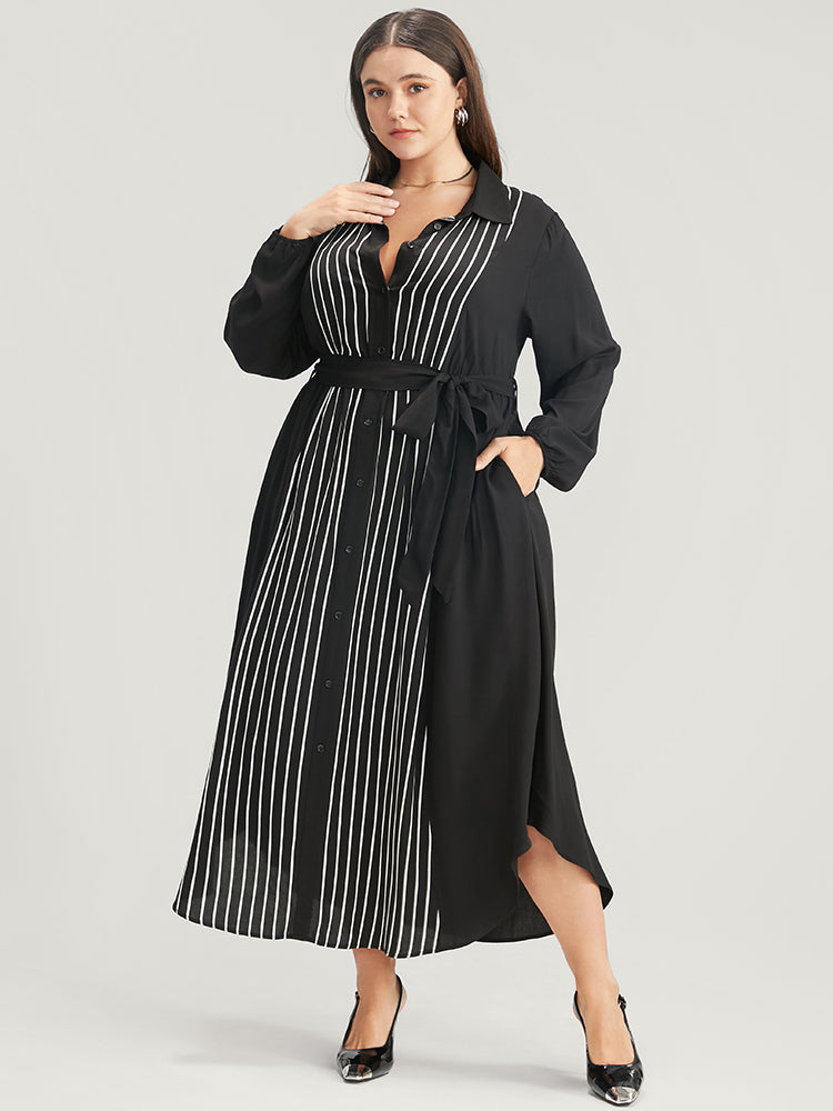 Striped Contrast Pocket Button Detail Belted Dress